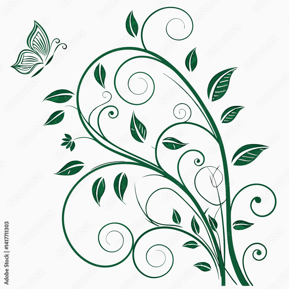 Abstract floral design element featuring a vector illustration of ornate black swirls and floral silhouettes