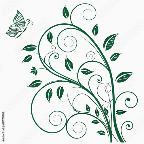Abstract floral design element featuring a vector illustration of ornate black swirls and floral silhouettes