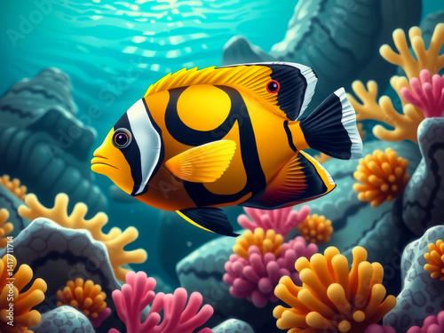 A yellow and black fish with the number 9 on its body swims in a coral reef. The fish is surrounded by pink and orange coral, creating a vibrant and lively scene. Concept of energy and movement
