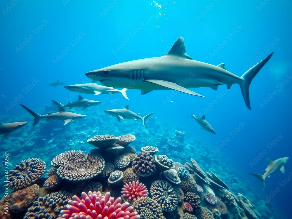 A group of sharks swimming in the ocean. The sharks are in a coral reef with many different colored fish