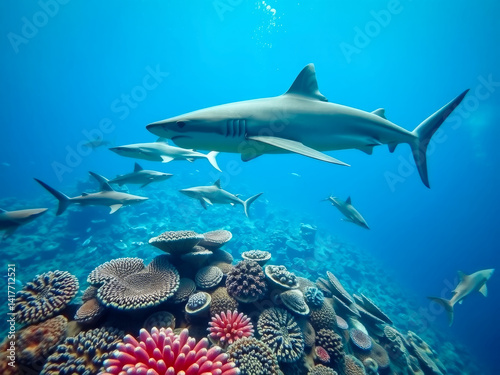 Obraz na płótnie A group of sharks swimming in the ocean. The sharks are in a coral reef with many different colored fish w salonie