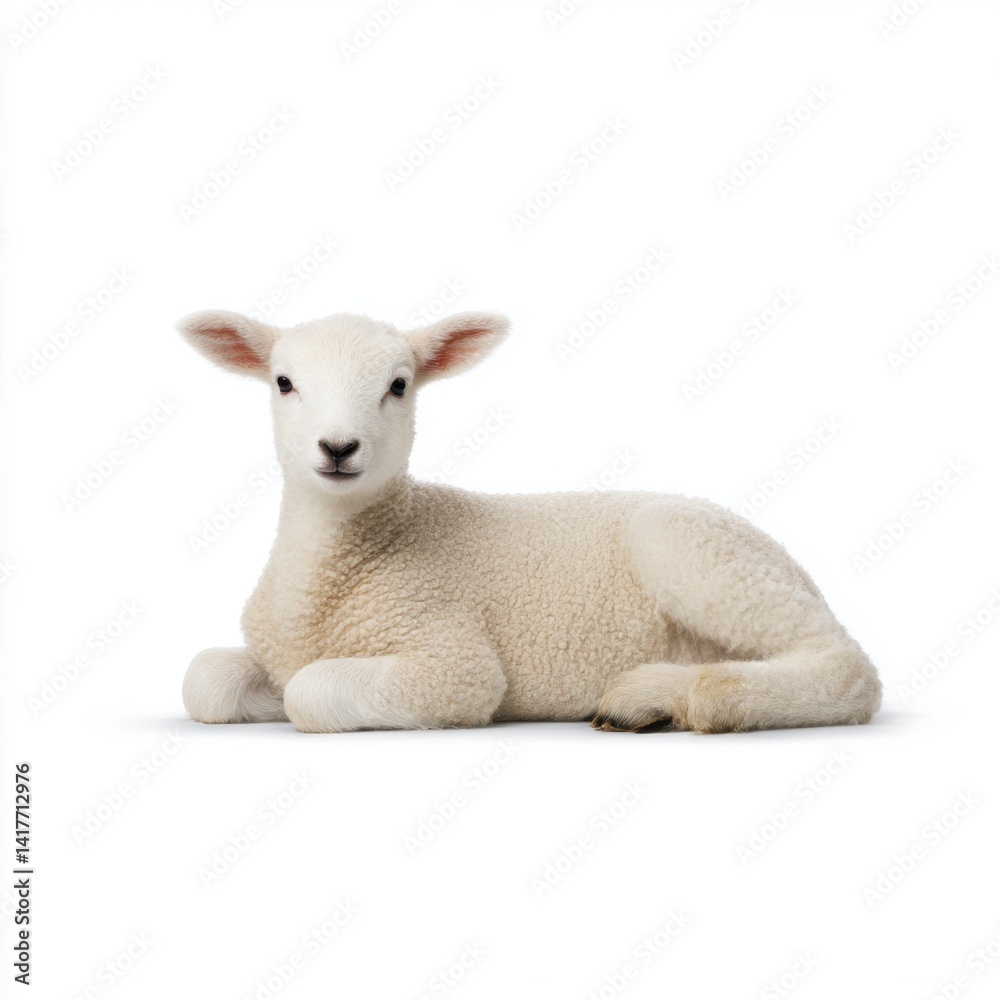 Fototapeta premium Lamb resting peacefully isolated on white background