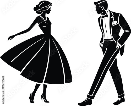 Black and White Illustration of Dancing Couple in Vintage Style, Bold Line Art Design