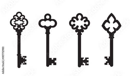Vintage skeleton key set element silhouette antique outline illustration collection retro security graphic for label emblem or branding design
