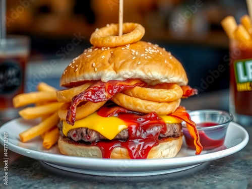 Obraz na płótnie A large burger with bacon and cheese on top of a bun. The burger is covered in ketchup and mustard. A side of fries is also on the plate w salonie