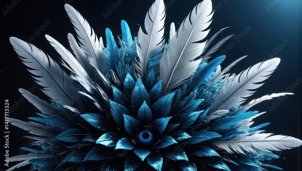 Abstract feather design with deep blue and white