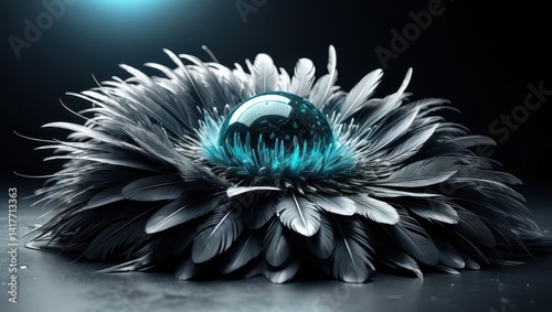 Dark sphere nestled in feathers