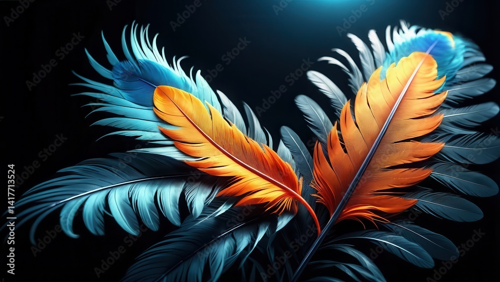 Colorful bird feathers against dark background