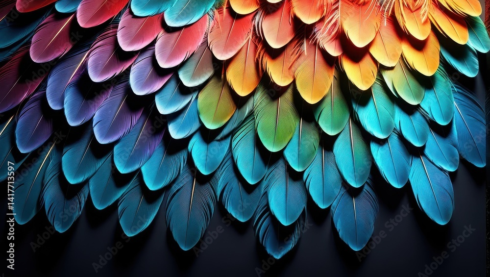 Vibrant colorful feathers arranged in a gradient