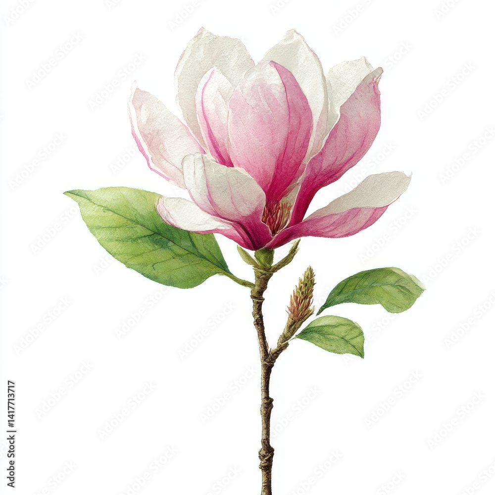 Fototapeta premium Magnolia blossom watercolor painting on white background