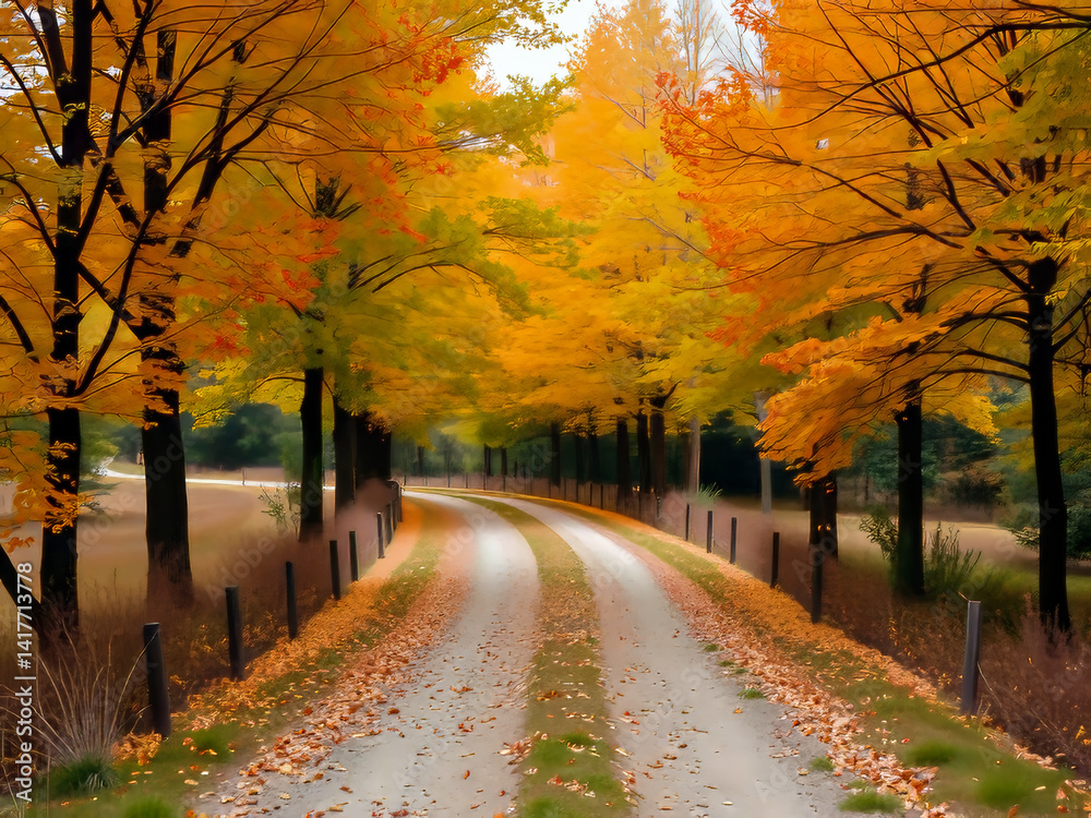 A road with trees on both sides and leaves on the ground. The leaves are orange and yellow