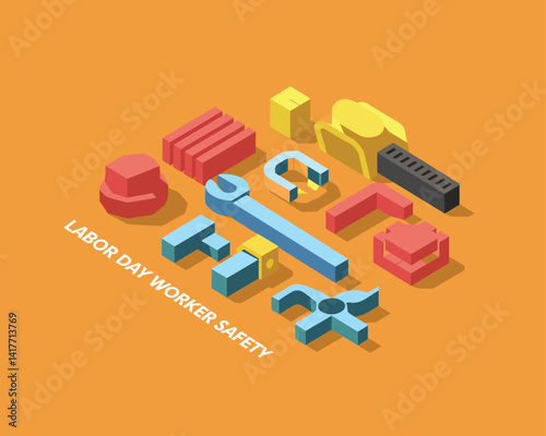 2d vector colorful poster for labor day , work industry equipment , worker , safety .
