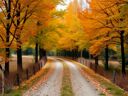 Obraz na płótnie A road with trees on both sides and leaves on the ground. The leaves are orange and yellow w salonie