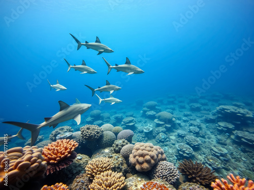 A group of sharks swimming in the ocean. The sharks are in a school and are swimming in a blue ocean