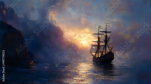 A pirate ship anchored in a misty sea at dawn