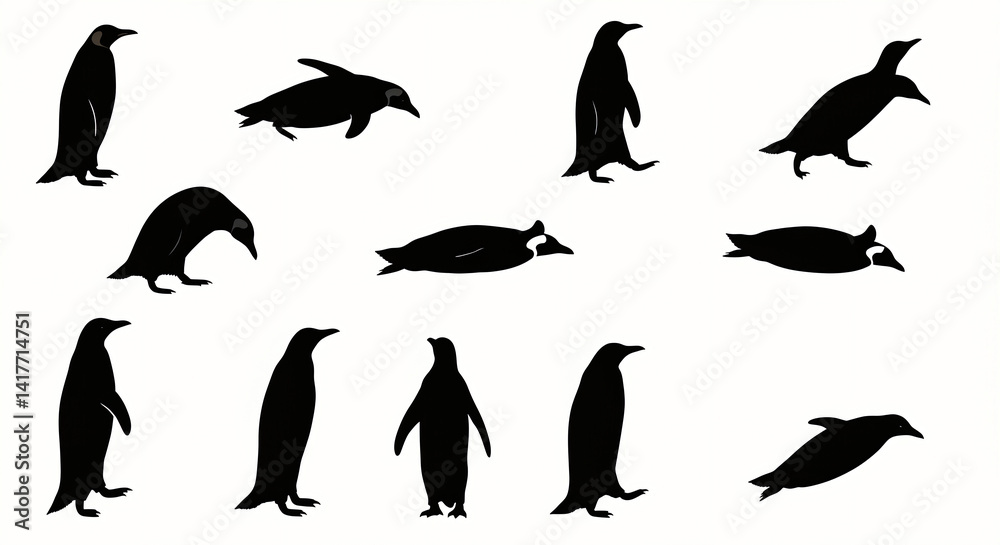 Obraz premium Penguin Silhouettes in Various Poses on White Background