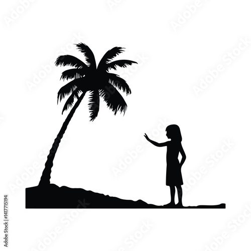 Children playing on palm tree black silhouette