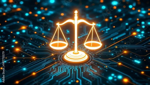 Scales of Justice Symbol on Digital Circuit Board Background