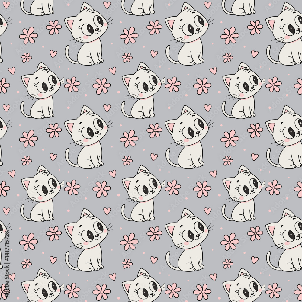 Cute Cat Seamless Pattern Kawaii Cartoon Kitten Design Cute Cat Seamless Pattern Kawaii Cartoon Kitten Design