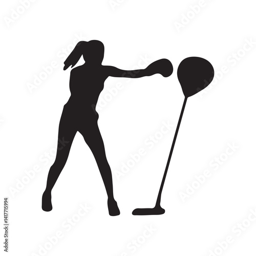 silhouette of boxing girl training with stand isolated on white background.	