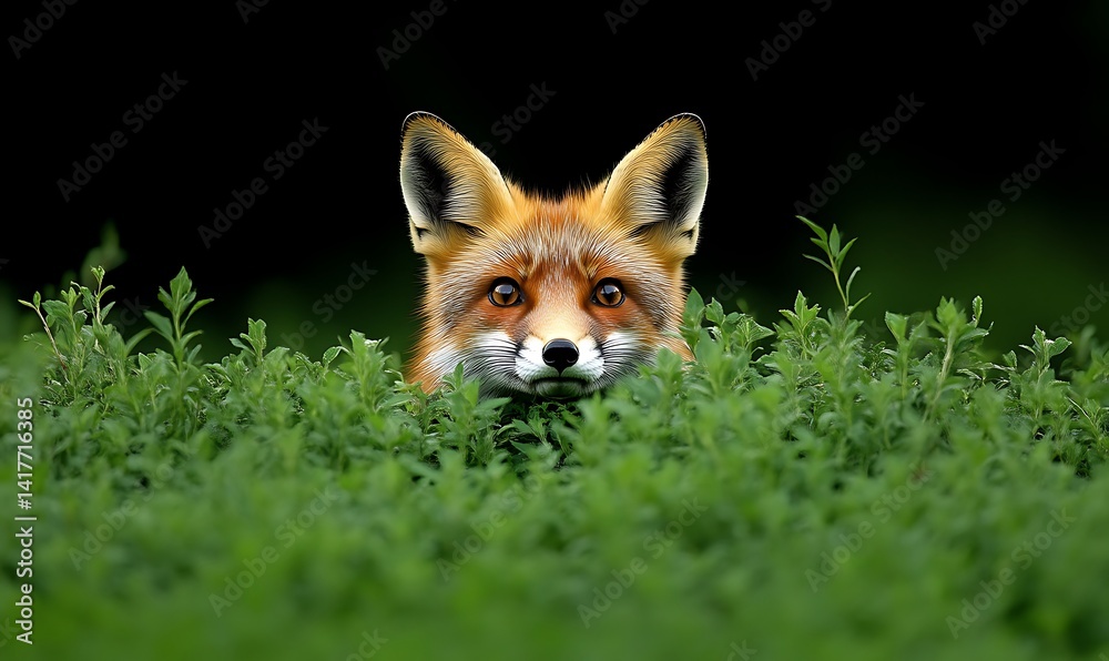 Fototapeta premium Red Fox Peeking Out From Green Bushes in Natural Habitat