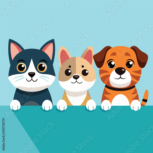 Four adorable pets, two cats and two dogs, peek over a white ledge with curious expressions.