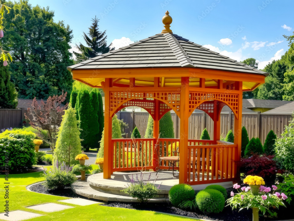 A wooden gazebo with a yellow roof sits in a lush green yard. The gazebo is surrounded by potted plants and flowers, creating a serene and inviting atmosphere. The yard is well-maintained