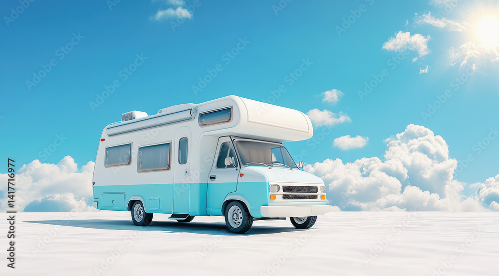 Naklejka premium Road Trip Dream: A pristine, stylish campervan basks in the sun under a bright, clear sky, with fluffy clouds hinting at an endless adventure. A symbol of freedom and the open road.