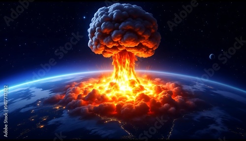 Nuclear Explosion Over Earth with Fiery Clouds and Dark Space