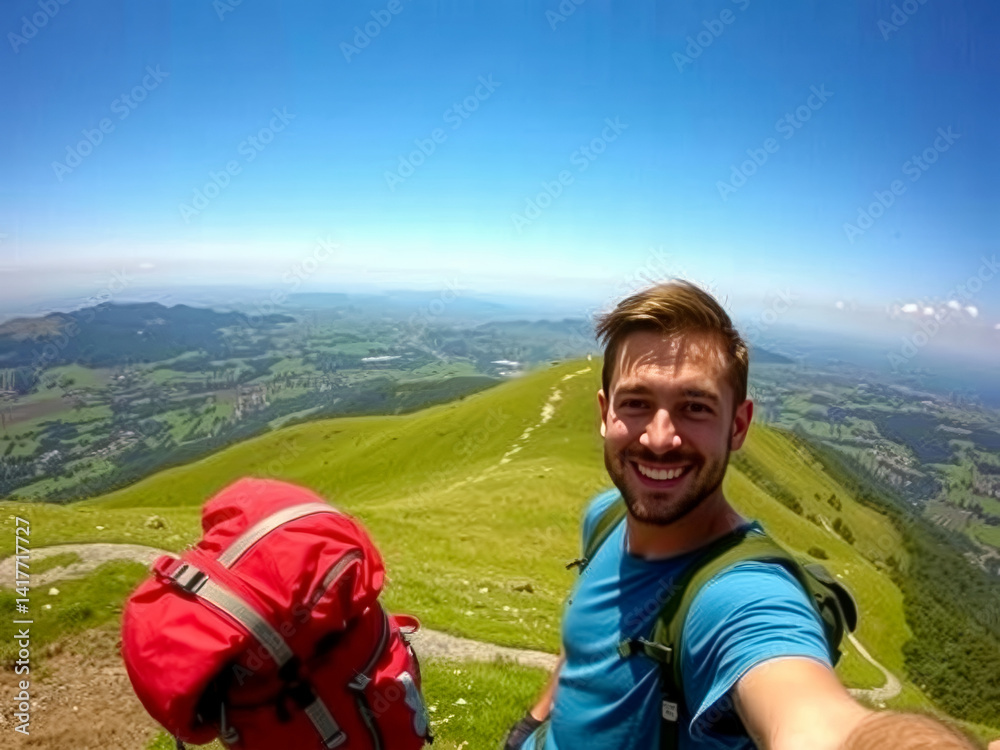 A man is smiling and taking a selfie on a hill with a red backpack. Concept of adventure and excitement, as the man is enjoying the beautiful view from the top of the hill