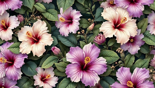 Floral Hibiscus Pattern with Leaves Background in Delicate Pink and White