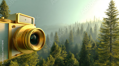 Capturing Stillness: A Camera on a Moss-Covered film camera with nature background, copy space,
