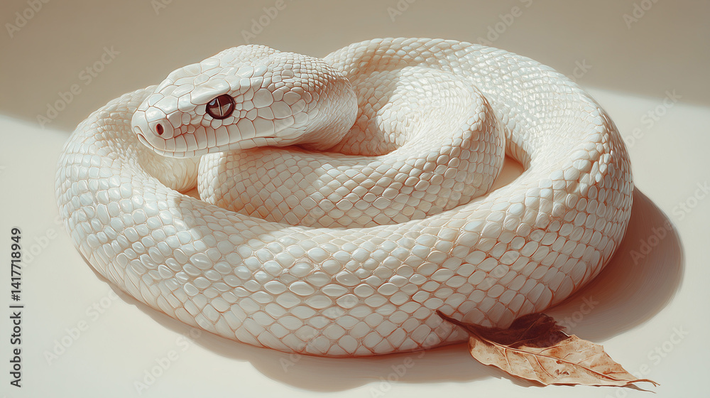 Fototapeta premium Elegant white snake coiled on a light surface with a dry leaf nearby in a serene setting white, snake, serpent, nature, wildlife, coiled, smooth, surface, light, dry, leaf, elegant, s