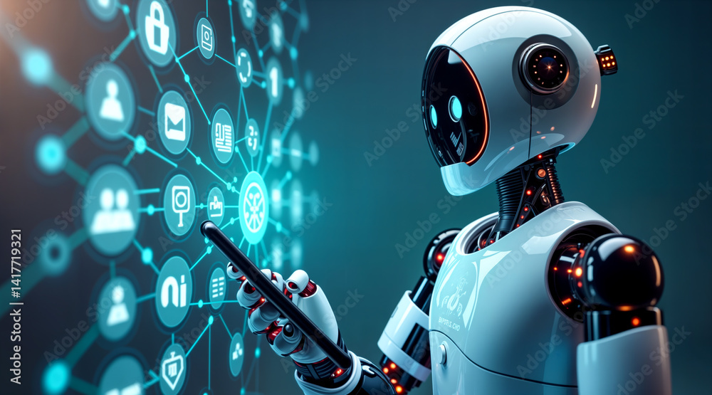 AI robot interacting with glowing digital interface displaying network icons and data. Futuristic technology, automation, machine learning concept.