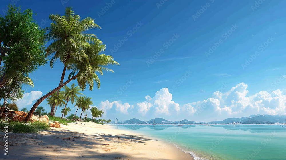 Serene Oasis: Palm Trees Framing a Tranquil River Amazing oases surrounded by sandy landscapes attract