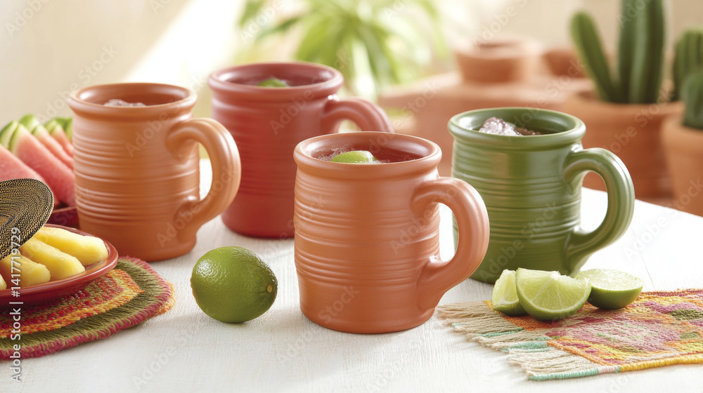 Cinco de Mayo clay mugs with tropical drinks, lime, pineapple and watermelon slices