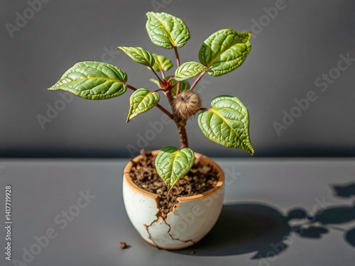 Obraz na płótnie A small plant is in a white bowl with a crack in it. The plant is green and has a small flower on it w salonie
