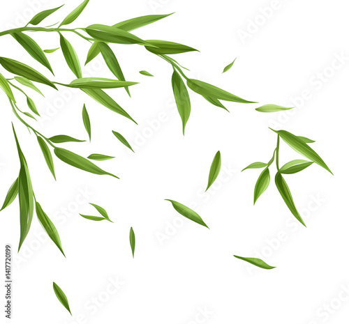 Essential oil, bamboo leaves flying in the air, vector illustration, white background, transparent PNG
