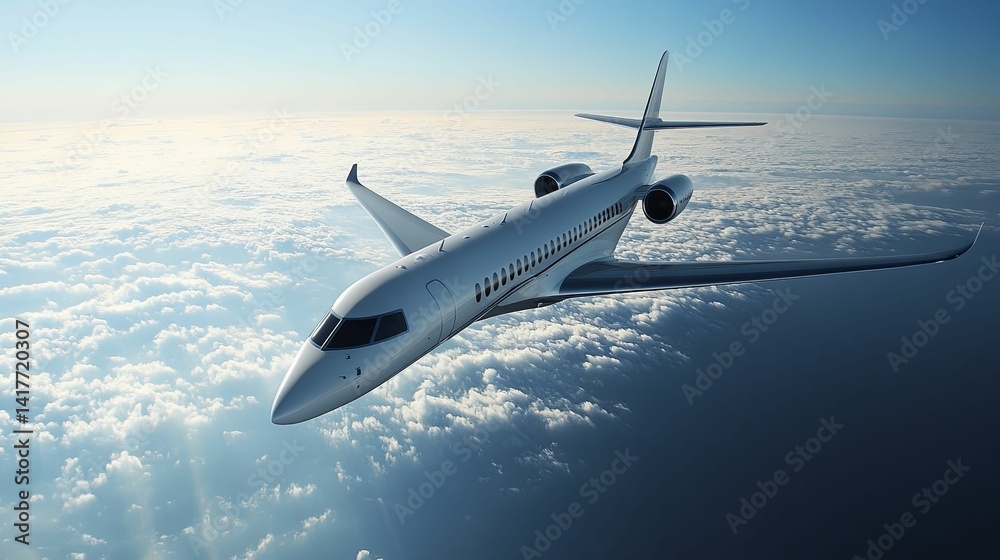 Fototapeta premium Modern jetliner soars through a fluffy cloud layer.