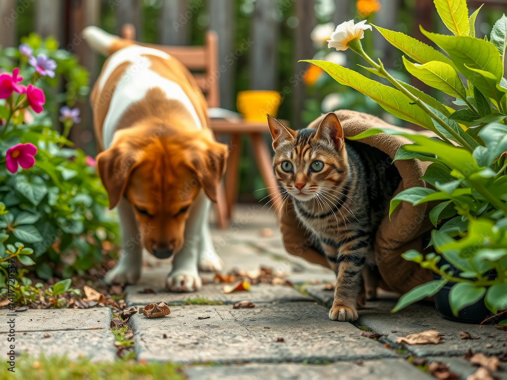 A dog and a cat are playing in a garden. The dog is sniffing the cat, who is hiding in a bag. The scene is playful and lighthearted, with the two animals enjoying each other's company