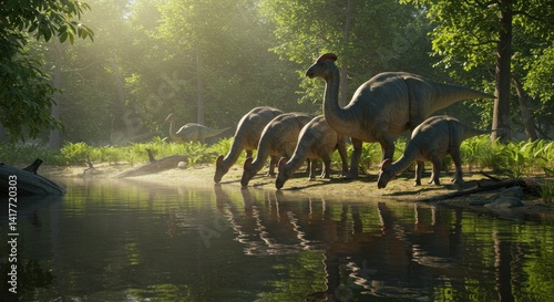 Fototapeta Naklejka Na Ścianę i Meble -  Hadrosaur Dinosaurs at Waterhole Illustration