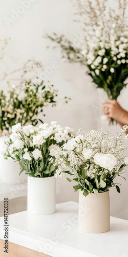 Obraz na płótnie Floral arrangements with mixed race woman florist hand in focus, vertical w salonie