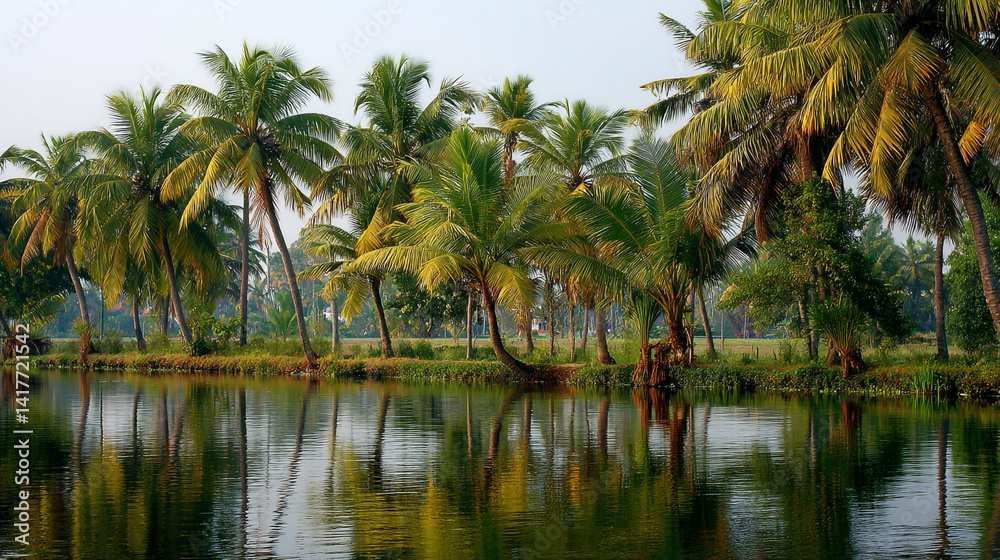 Serene river landscape in a tropical setting with lush green palm trees reflecting in calm water under soft