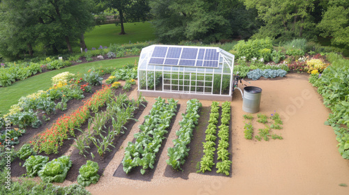 Obraz na płótnie Garden with small greenhouse and vegetable beds, aerial view, sustainable gardening w salonie