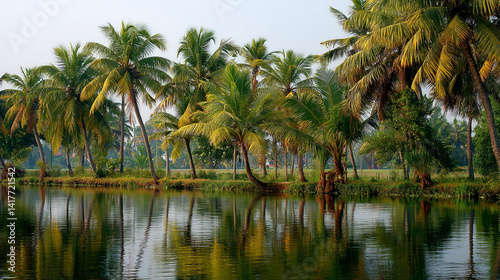 Obraz na płótnie Serene river landscape in a tropical setting with lush green palm trees reflecting in calm water under soft w salonie