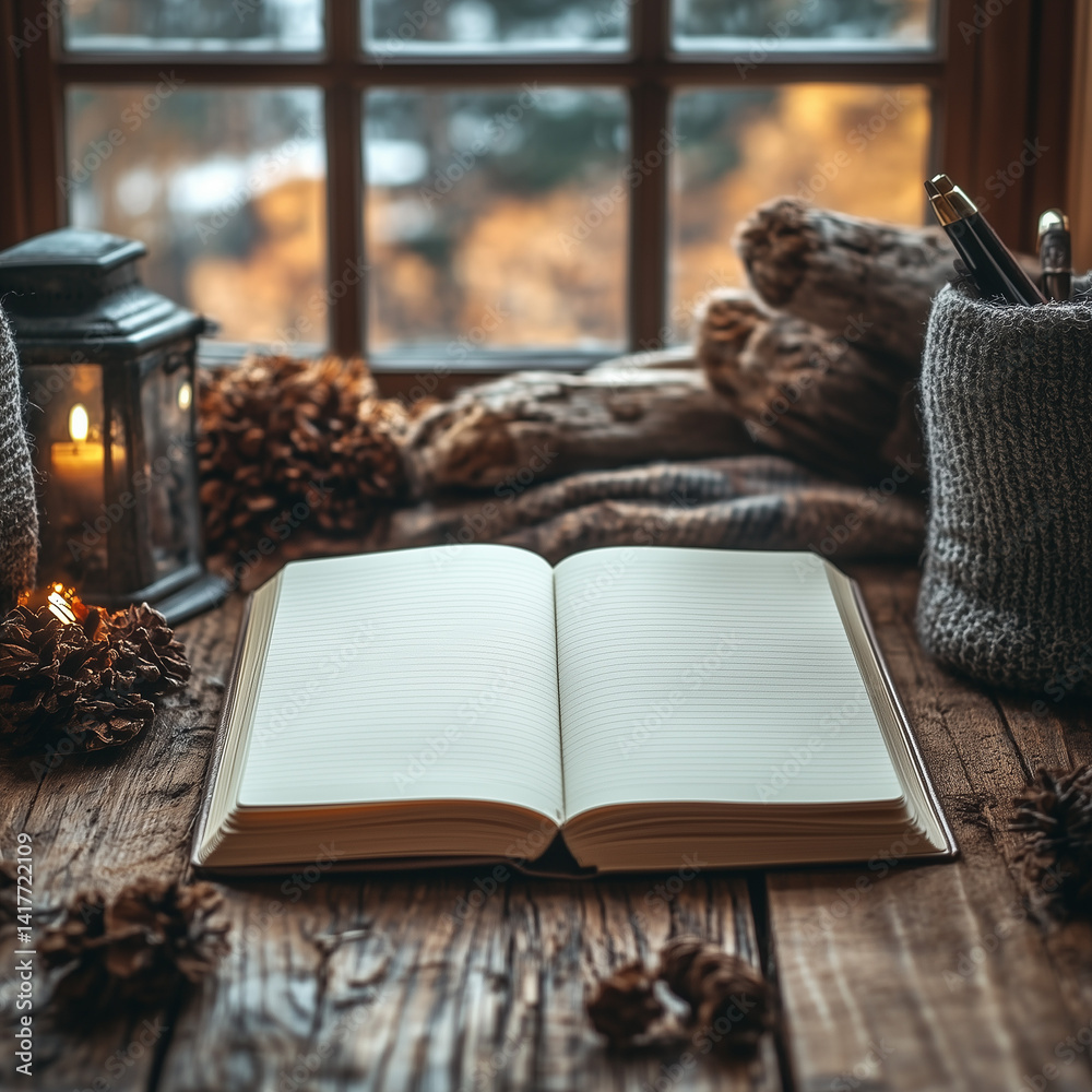 Cozy winter reading nook with an open book, soft lighting, and natural elements for a relaxing atmosphere ozy, winter, reading, nook, open, book, natural, decor, lantern, soft, lighting, Cozy winter reading nook with an open book, soft lighting, and natural elements for a relaxing atmosphere ozy, winter, reading, nook, open, book, natural, decor, lantern, soft, lighting,