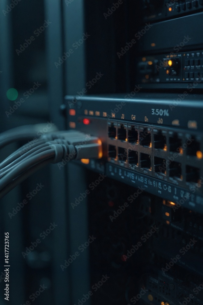 Server Rack Component Detail: Study of Network Switch Ports and Active Functioning LEDs Server Rack Component Detail: Study of Network Switch Ports and Active Functioning LEDs