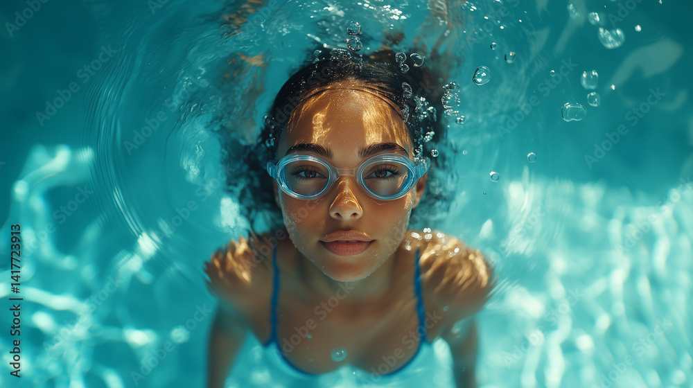 Naklejka premium Young swimmer enjoys summer day in clear blue pool water with vibrant sunlight reflections swimming, pool, water, girl, goggles, sunlight, summer, recreation, enjoymen