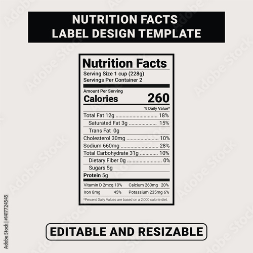 Editable Nutrition Facts Label Template – Black and White EPS Vector for Food Packaging
