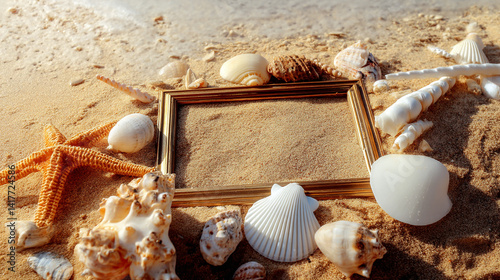 Obraz na płótnie Scenic Sandy Beach with Seashells A close-up of seashells scattered on a sandy beach, with the ocean waves in the distance. w salonie